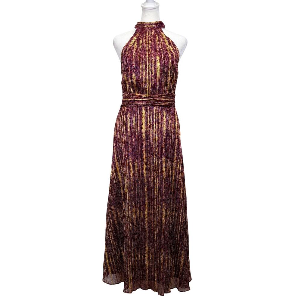 ML Monique Lhuillier Metallic Pleated Halter Midi Cocktail Dress Purple Gold 2